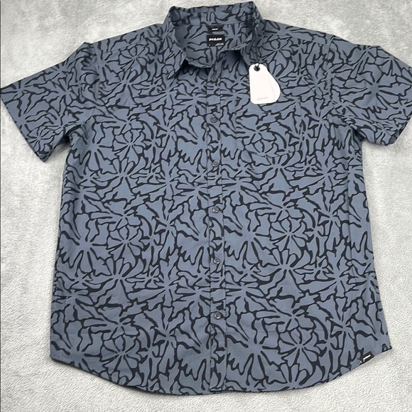 NEW Prana L Stimmersee Shirt Gray‎ Boogie Bloom Short Sleeve Button Down - Picture 1 of 9